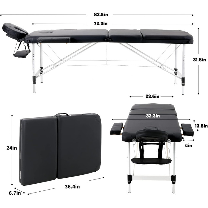 Портативний масажний стіл Panana Складний масажний стіл з регулюванням висоти 3 зони з підголівником і підлокітниками Масажна лава Алюмінієвий тату-стіл (чорний)