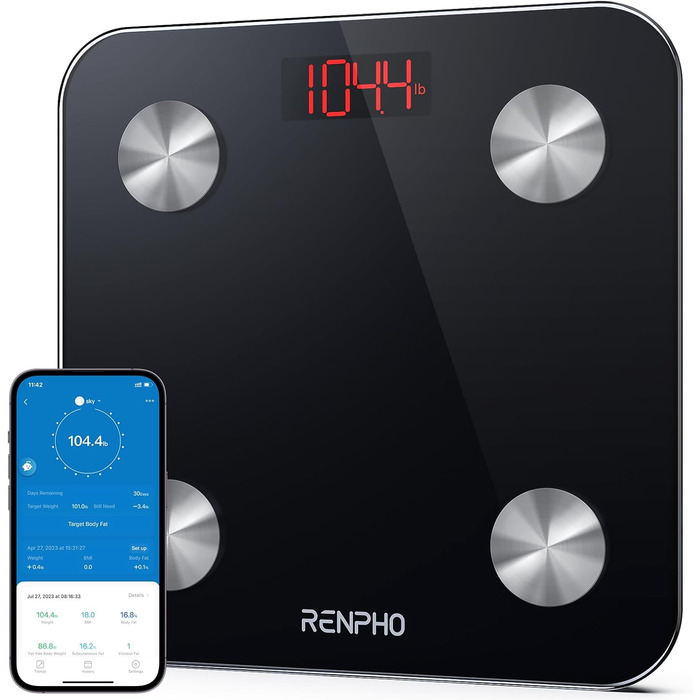 Ваги для ванної кімнати RENPHO Body Fat Scale, цифрові ваги для людей з високоточними датчиками, ультратонкі, шкала Bluetooth для жиру в організмі, ІМТ, ваги, м'язової маси, води 260 мм/10.2 батарея в комплекті