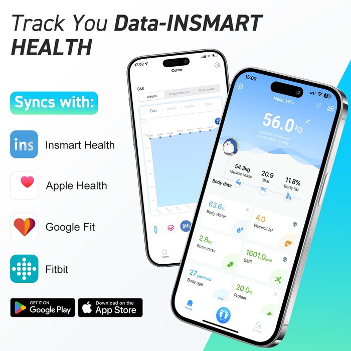 Розумна вага INSMART для зважування тіла, з високою вантажопідйомністю, ультраширока платформа 30,5x30,5 см, ваги для вимірювання жиру, великий LED-дисплей, синхронізація з додатком, біла