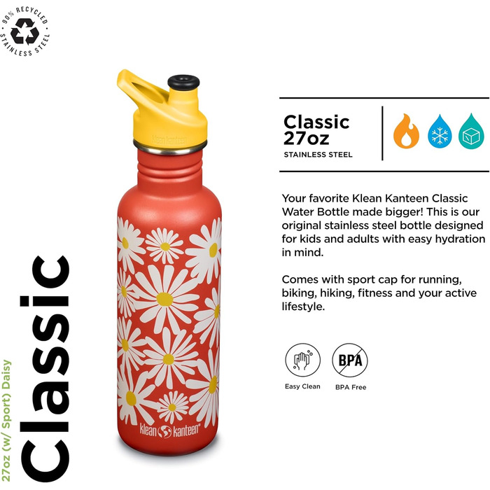 Пляшка для води Klean Kanteen Classic 800 мл, Daisy, сталева