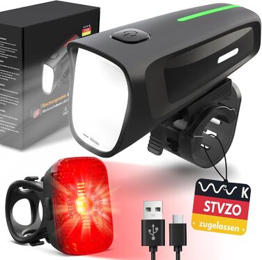 LED набір велосипедного світла MUPAS 100 LUX, StVZO, USB, IPX5, передня та задня лампа з індикатором батареї, Type-C