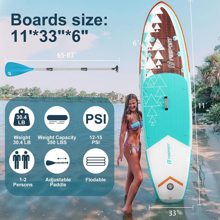 FBSPORT Преміум надувна SUP дошка для йоги, з повним комплектом аксесуарів: широка стійка, антиковзке покриття, весло, насос, страхувальний трос і сумка, для підлітків і дорослих