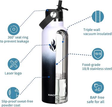 Пляшка для пиття XACIOA з нержавіючої сталі - 500 мл, 750 мл, 1 л, герметичний термос із соломинкою, вакуумна колба без бісфенолу А, термос з подвійними стінками для спорту, фітнес 1000 мл білий / чорний