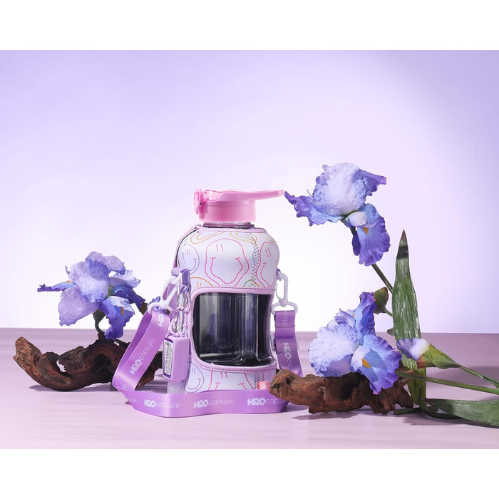 Пляшка для води H2O Capsule 2.2 л з чохлом і соломинкою, BPA-free, велика багаторазова фіолетова пляшка з ручкою та усмішкою