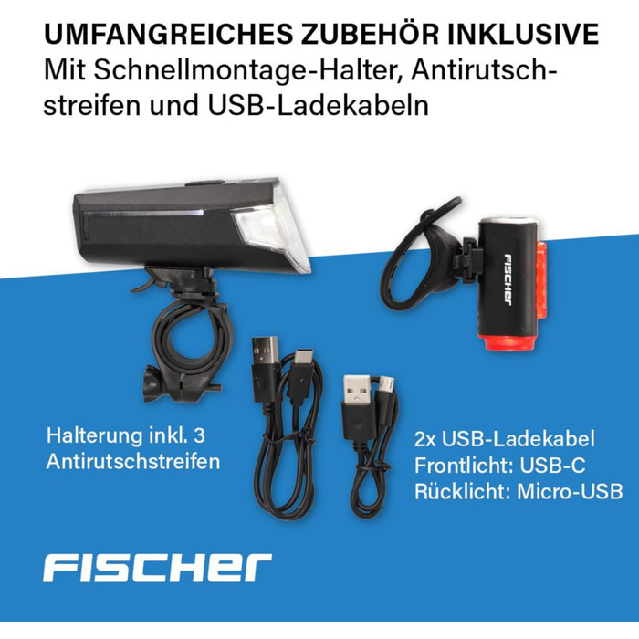 Велосипедний світловий комплект FISCHER: передня і задня фара з акумулятором, USB-зарядка, водозахист IP44, StVZO, 80/40/20 Люкс
