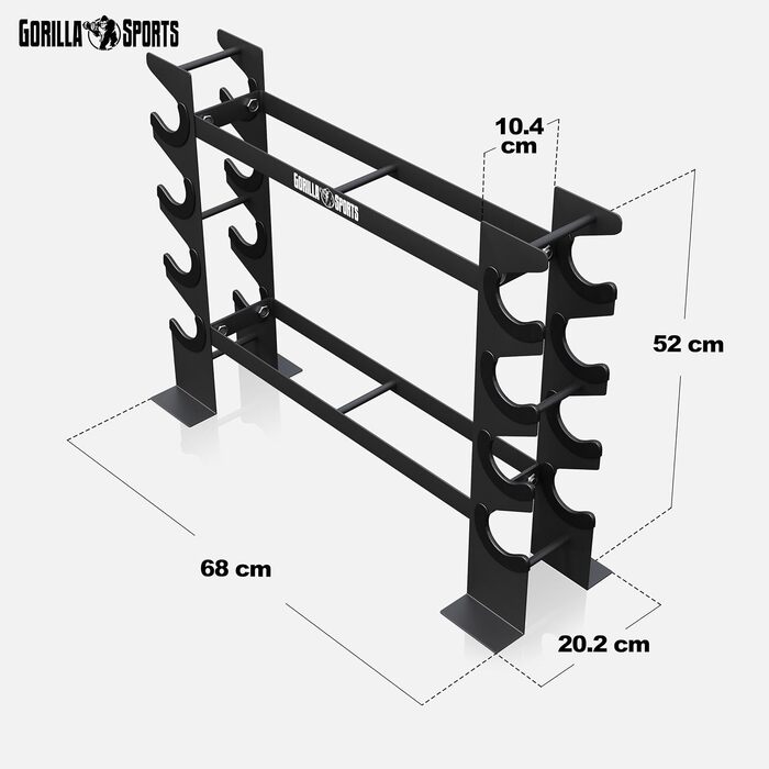 Стійка для гантелей GORILLA SPORTS - 8 полиць, 2 яруси, до 300 кг, чорна