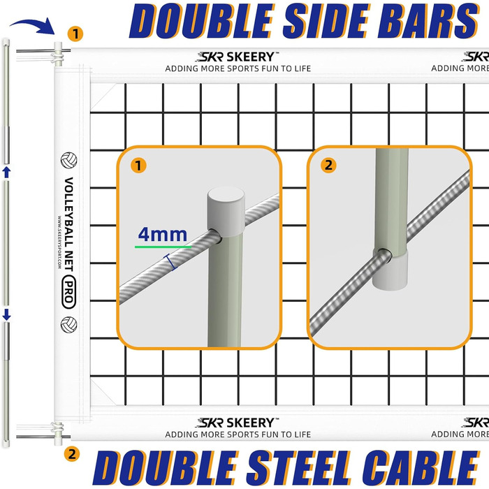 Волейбольна сітка SKEERY, офіційний розмір, 90х100 см, сталеві троси"