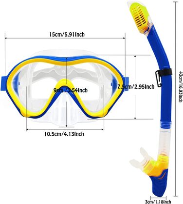Набір трубок для дітей з ластами, панорамні окуляри для дайвінгу 180 проти запотівання для дітей, регульовані ласти для плавання, високоякісна маска для дайвінгу та трубка з сухим верхом для плавання (темно-синій і жовтий)