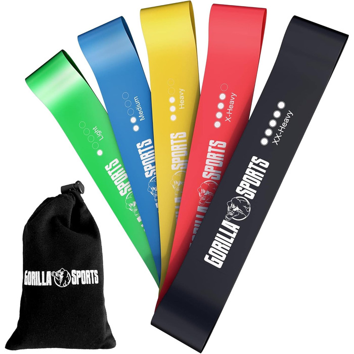 GORILLA SPORTS Набір фітнес-резинок 5 шт з чохлом, латекс, різні рівні опору, для тренувань, йоги, пілатесу, реабілітації