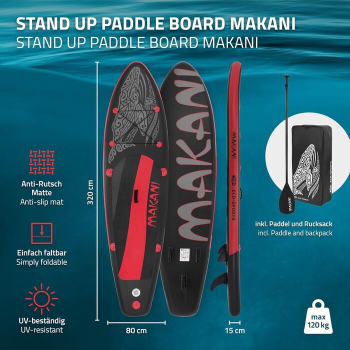 Надувна SUP-дошка ECD Germany 305-380 см, до 150 кг, комплект із веслом, сидінням-каяком і сумкою, різні моделі