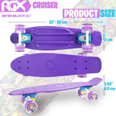 Скейтборд Mini Cruiser Series RGX Skate 22 дюйм 56 см для дітей та дорослих, Скейтборд з легкими колесами PU 78A Cruiser з підсвічуванням, Різнокольоровий, LED спалах ABEC-7