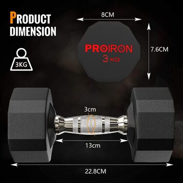 Гантелі PROIRON Hexagon сталеві, міцні для тренувань (3-24 кг)