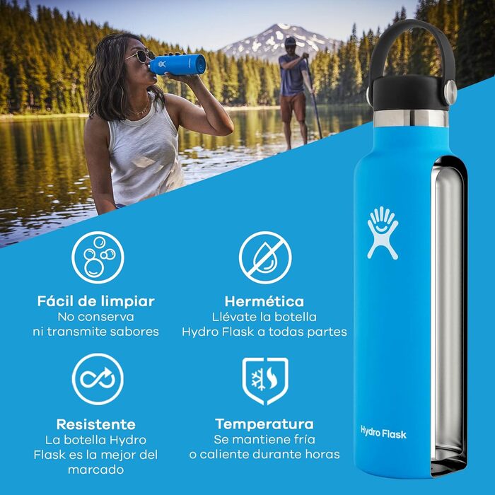 Термобутилка HYDRO FLASK 621 мл, вакуумна, нержавіюча сталь, спортивна пляшка з кришкою Flex Cap, стандартне горло, чорна, придатна для миття в посудомийній машині