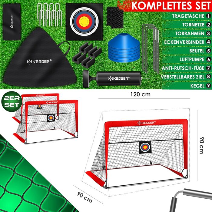 Футбольні ворота Дитячий поп-ап набір з 2 шт. Футбольні ворота складні зі скловолокнистими стовпами та високоякісними сітками для воріт у приміщенні, на вулиці та в саду З сумкою для перенесення 6 шт. конусна мішень для кулькового насоса (червона)