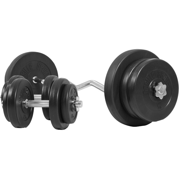 Набір гантелей GORILLA SPORTS - 70 кг, SZ Curl Bar 120 см, ваги 4x1,25 кг / 4x2,5 кг / 4x5 кг / 2x10 кг, 2 гантелі 30 мм, із застібками 6 зірок/пружинними застібками, пластиковий набір гантелей, гантелі