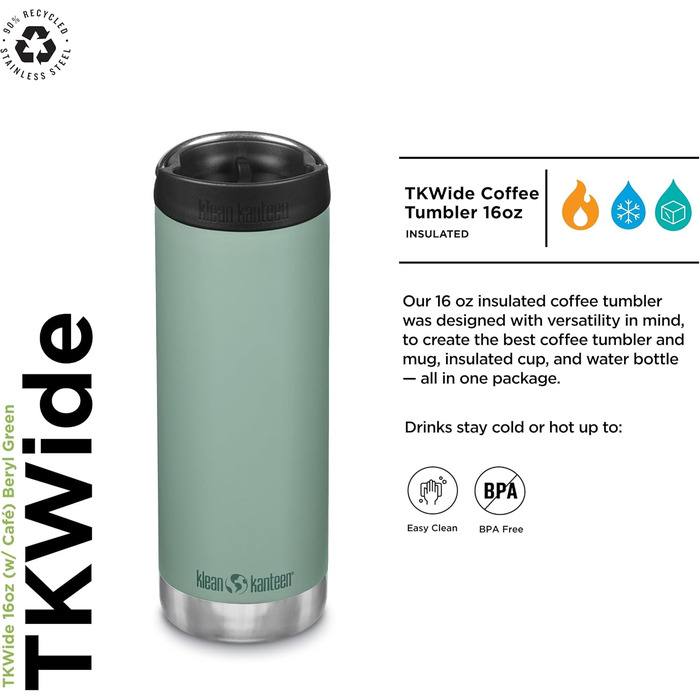 Термос Klean Kanteen Tkwide з кришкою Café Cap, нержавіюча сталь, бірюзово-зелений, 473 мл (16oz)