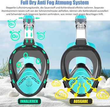 Маска для дайвінгу HINATAA, маска для підводного плавання, набір трубок проти запотівання на 180, окуляри для дайвінгу, сумісні з камерами, подвійний плаваючий м'яч Маска для підводного плавання всього обличчя Дорослі діти S/M Чорний Зелений