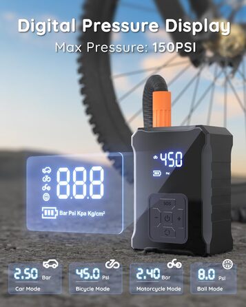 Електричний насос для велосипедів Fitense, 150 PSI, портативний, з цифровим манометром для шосейних, гірських, електровелосипедів та мотоциклів, підходить для вентилів Presta і Schrader