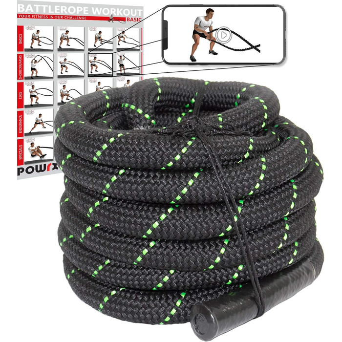 Мотузка POWRX Battle Rope Premium Ø38 мм, різні довжини, з тренуванням