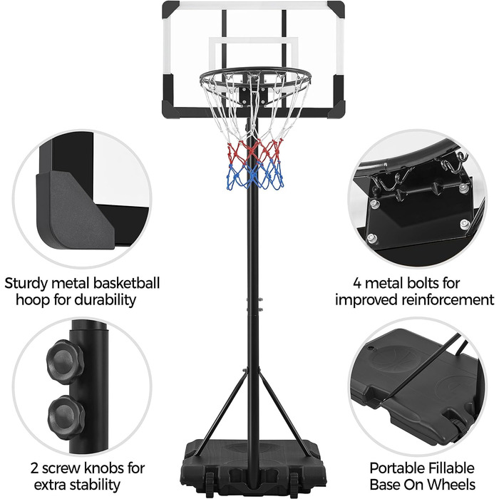 Баскетбольна стійка Yaheetech, регульована по висоті, з колесами, для приміщень або вулиці, біла, 216-246 см