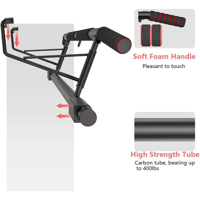 Дверна рама AmazeFan Pull-Up Bar, модернізована турніка 2024 року з кількома варіантами хвата, з додатковим тренажером для строп, універсальна застосовується для більшості дверей (чорний/червоний)