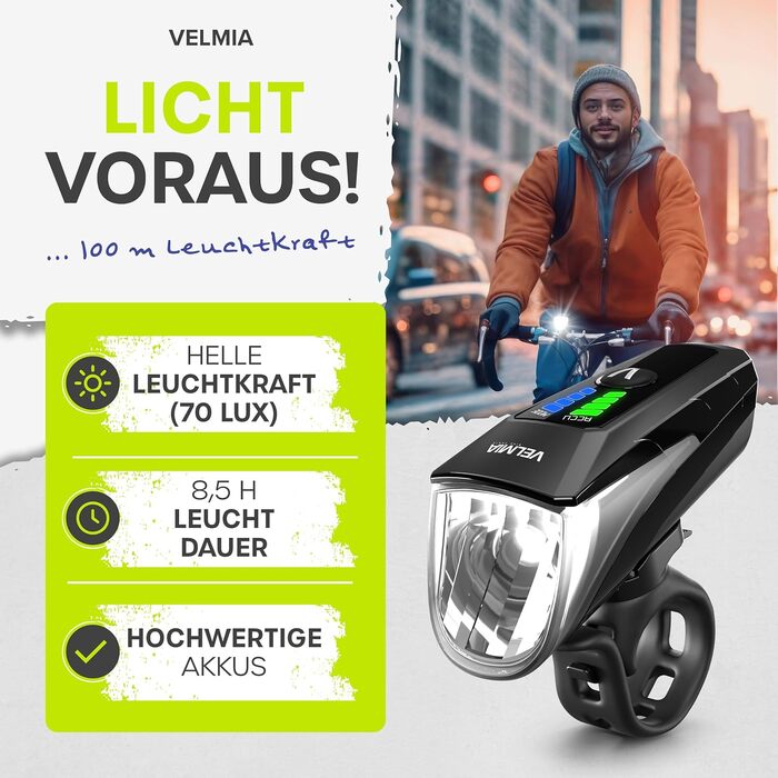 Набір велосипедних LED фар VELMIA StVZO, USB акумулятор, 8,5 годин, водостійкі, переднє і заднє світло, 70 люкс, золотий