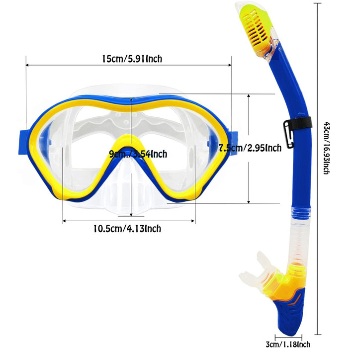 Набір трубок для дітей з ластами, панорамні окуляри для дайвінгу 180 проти запотівання для дітей, регульовані ласти для плавання, високоякісна маска для дайвінгу та трубка з сухим верхом для плавання (темно-синій і жовтий)