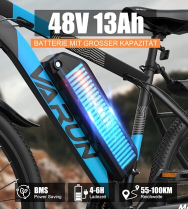 Акумулятор VARUN E-Bike 48V 13Ah, 100 км, 250 Вт, синій