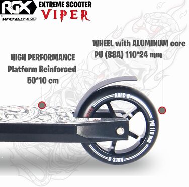 Фрістайл Скутер Viper RGX Професійний самокат для фрістайлу, кермо системи HIC, 110 мм PU колеса та алюмінієві диски, кулькові підшипники Abec9, акробатичний самокат для дорослих та дітей