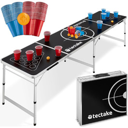 Стіл для Beer Pong tectake, складаний, регульований, з ручками, набір 100 келихів (50 червоних, 50 синіх) та 6 м'ячів, ігри для вечірок, питна гра для дорослих