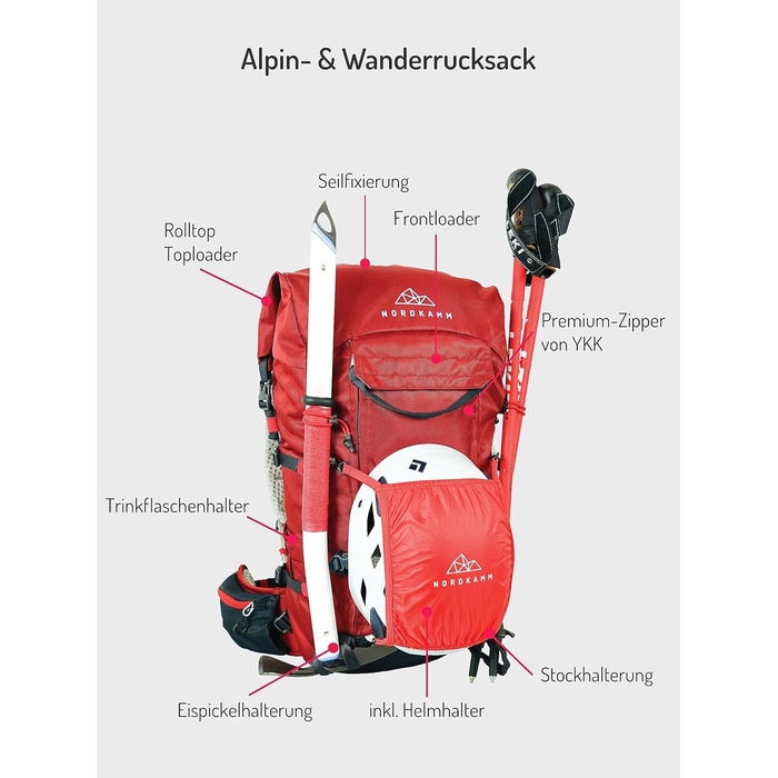 Туристичний рюкзак NORDKAMM Antares Alpine 30 л, червоний, RollTop, унісекс, для гірського туризму, альпінізму, скелелазіння, лижних та високогірних походів