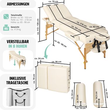 Мобільний масажний стіл tectake з 3 зонами, складний, з оббивкою 7,5 см, з навантаженням до 250 кг, масажна лава з сумкою для аксесуарів, повний і половинний рулон, мобільні меблі для масажу - (Бежевий)