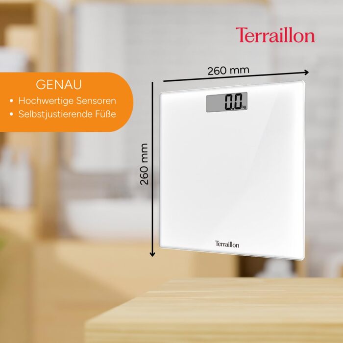 Ваги підлогові Terraillon TSQUARE, скляна платформа 26x26 см, ультратонкі, великий LCD-дисплей, вантажопідйомність 180 кг, точність 100 г, білі