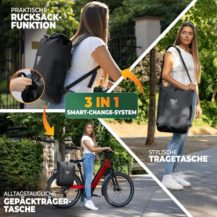 MIVELO 3-в-1 велосипедна сумка-рюкзак для багажника, водонепроникна, без ПВХ, з відділенням для ноутбука, чорна з відбивачем