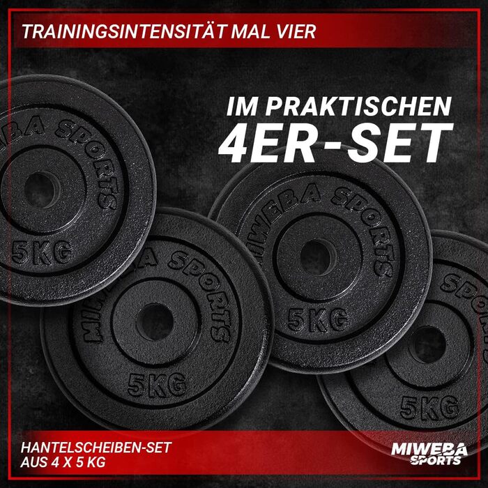 Набір спортивних вагових пластин Miweba HSG Професійні гантелі - 1,25-10,0 кг Вагова пластина - Пластини для гантелей - Чавунні ваги - Ø 30/31 мм - Набір гантелей - Вагові пластини - Вага гантелей - Пластини (4 шт. 5,0 кг)