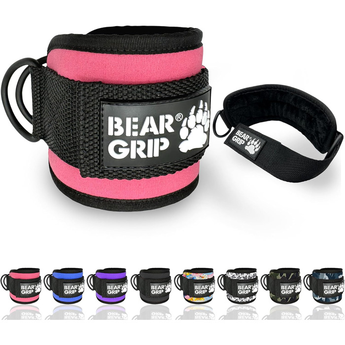 Ремінь для щиколотки BEAR GRIP (пара) - міцна застібка, подвійне D-кільце з нержавіючої сталі, регульований неопрен - манжети на щиколотці преміум-класу для покращення тренувань живота, сідниць та ніг - для жінок та чоловіків (Baby Pink, односпальне ліжко