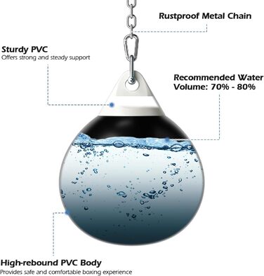 Водна боксерська груша KOMFOTTEU, боксерська боксерська груша, тренувальна груша водонаповнювана 50 кг, боксерська груша Keeper Bag з водяним шлангом, металевим ланцюгом і карабіном, спеціальною боксерською грушею для дорослих молодь чорна