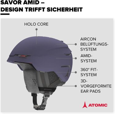 Гірськолижний шолом ATOMIC SAVOR AMID - Унісекс для дорослих - Система 360 Fit - Покращений захист від ударів - Система вентиляції Aircon (фіолетовий, 59-63)