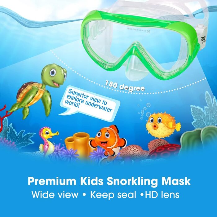 Набір для підводного плавання Kids, Окуляри для дайвінгу Kids Anti-og and Dry Snorkel - Маска для дайвінгу Anti-Leak Суха трубка Набір для підводного плавання для хлопчиків 4-14 (F, зелений набір)