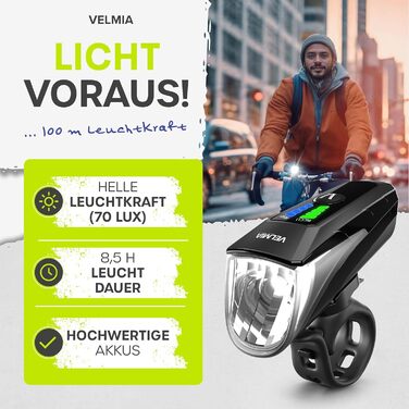 Набір велосипедних LED фар VELMIA StVZO, USB акумулятор, 8,5 годин, водостійкі, переднє і заднє світло, 70 люкс, золотий