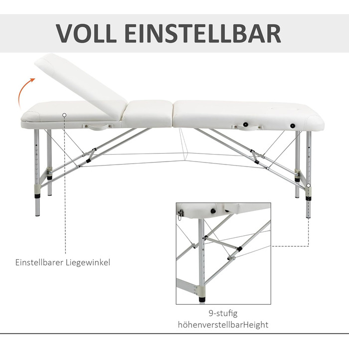 Масажні столи HOMCOM Складні косметичні столики Регульований по висоті масажний стіл з підголівником Масажне ліжко Алюмінієва піна Пластик Білий 215 х 60 х 61-84 см