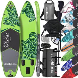 Набір SUP Board Set 305x76x15 надувний, сидіння для байдарки, кулачкове кріплення, повітряний насос, сумка для перенесення, рюкзак, сухий мішок, лінія ніг, кишеня для мобільного телефону, телескопічне весло, весло, весло, веслування, дошка для веслування, дошка для серфінгу, 170 кг модель 45 - черепаха Tribal Green