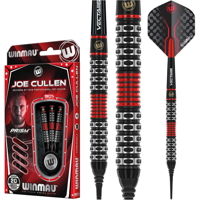 Дартс-набір WINMAU Joe Cullen Special Edition 18 г, професійні вольфрамові софт-тип дротики з оперенням і хвостовиками