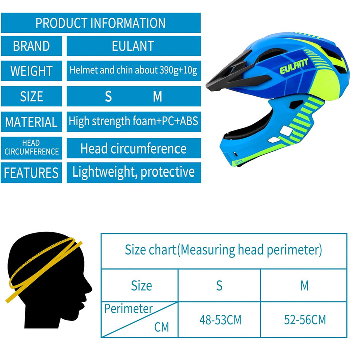 Велосипедний шолом EULANT із захистом підборіддя Молодь, діти Шолом для повного обличчя Шоломи BMX для хлопчиків Шолом для швидкісного спуску Дівчата MTB Шолом на все обличчя Con Зняття однією кнопкою Захист підборіддя та регулятор задньої частини, Blue M