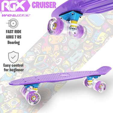 Скейтборд Mini Cruiser Series RGX Skate 22 дюйм 56 см для дітей та дорослих, Скейтборд з легкими колесами PU 78A Cruiser з підсвічуванням, Різнокольоровий, LED спалах ABEC-7