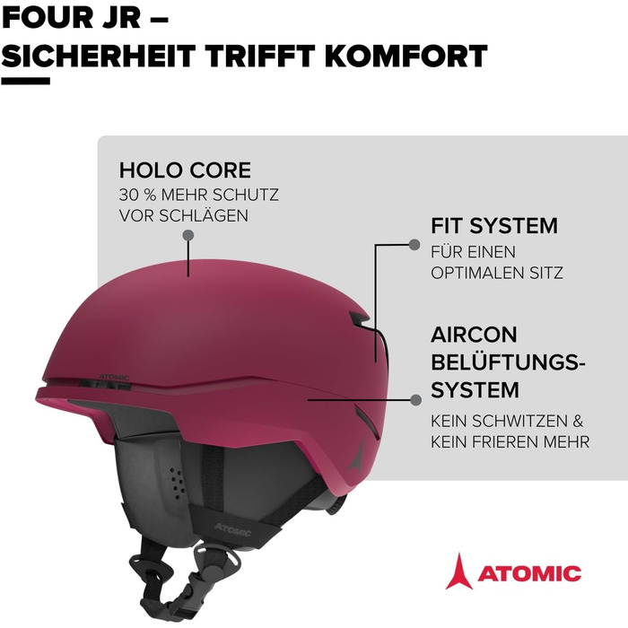 Гірськолижний шолом ATOMIC FOUR JR для дітей та підлітків - Червоний - Розмір XS - Максимальна безпека при ударі - Інноваційна система вентиляції - Окружність голови 48-52 см
