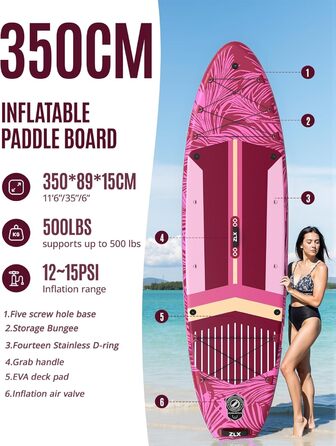 Надувна SUP-дошка ZLX 350 см з сидінням, велика вантажопідйомність 226 кг, для дорослих, стабільна антиковзка поверхня, помпа, весло, для початківців