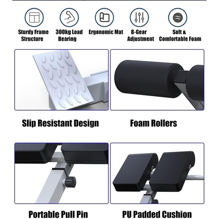 Тензія для спини Римський стілець, домашній тренажерний зал Лава для гіперекстензії спини, регульована лава поза лавою, тренажер для сили спини / талії / живота / сідниць / ніг, навантаження 440 фунтів (білий)