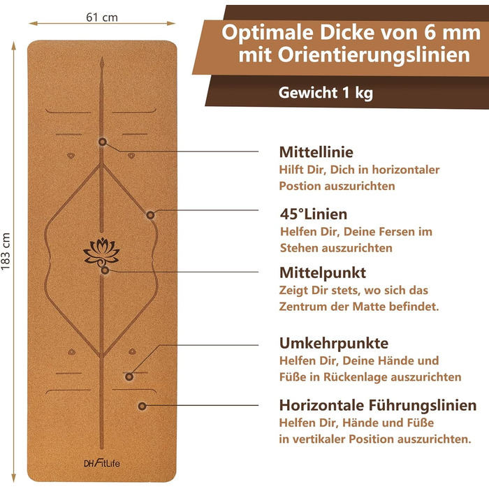 Килимок для йоги DH FitLife з пробки та TPE, гімнастичний килимок 183 х 61 х 0,6 см, спортивний фітнес-килимок нековзний, товстіший з орієнтаційними лініями 