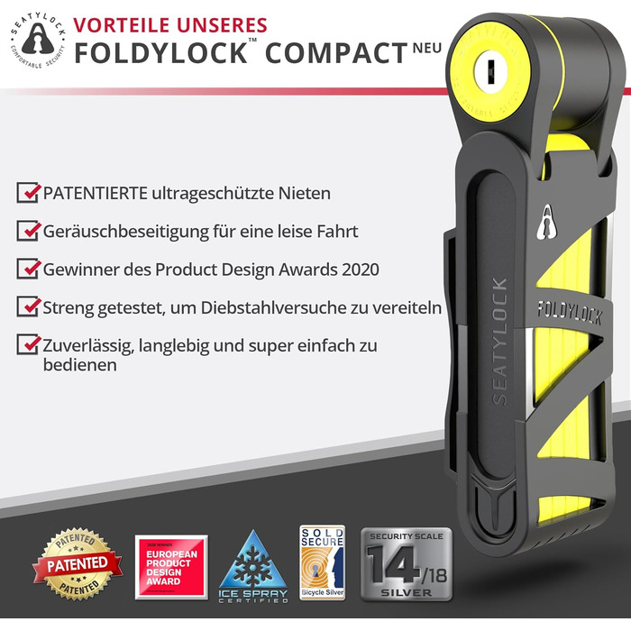 Складаний велосипедний замок FoldyLock Compact з ключем та кріпленням, 85 см – високий рівень безпеки для електровелосипеда, самоката та велосипеда